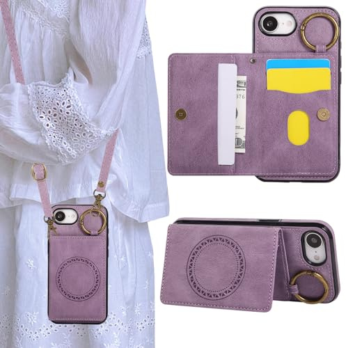 Rosbtib Case for iPhone 16e 5G 2025 6.1 Magnetic phone case with card holder, slim mobile phone case with long shoulder strap and retro metal ring for the iPhone 16E - Purple
