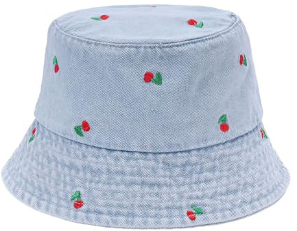 MILAKOO Fischerhut Damen Kirsche Embroidered Fischerhüte Baumwolle Denim Sonnenhut Sommer Strand Eimer Hut für Unisex