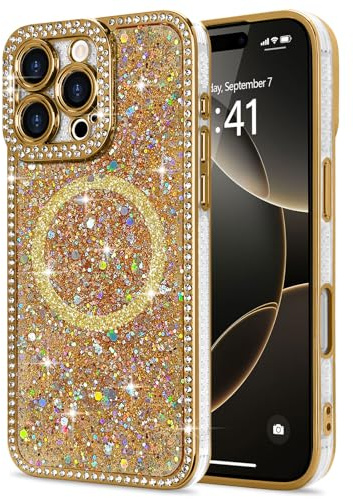 Lafunda Magnetic for iPhone 16 Pro Max Case Glitter Bling Luxury, Gold | Sparkly Rhinestone Diamonds Case, Compatible with MagSafe, for Women Girls Soft TPU Slim Shockproof Protective Phone Cover