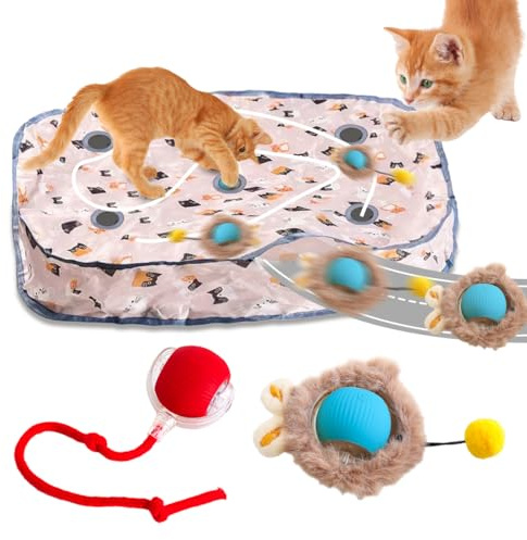 PnxdeobXL Interaktive Haustierspielkugeln Set mit Matten-Mäusefangspiel für Katzen und Hunde 2 Spielkugeln Hindernisvermeidung 360° Rotation USB-aufladbar