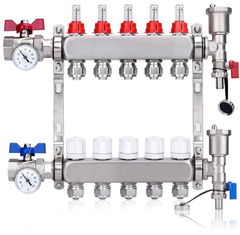 Heizkreisverteiler mit Eurokonus 3/4 (20x2mm) + 1 Kugelhähne +Thermometer | 5 Heizkreise Fußbodenheizung mit Manueller Entlüfter, Flussmesser Durchflussmesser, 30 x 1,5 mm, HKV Verteil