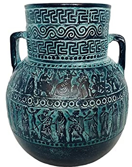 Relief terracotta Amphora Vase 20cm,Green Patina,Ancient Greek Mythology Scenses