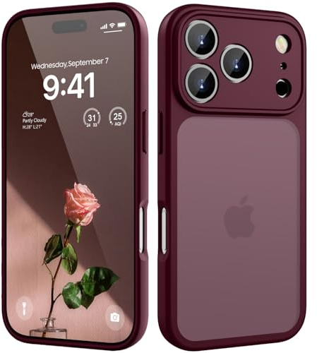 HGH für iPhone 17 Pro Hülle, Dunkel Rot | Vollständiger Kameraschutz Stoßfest Kratzfest Anti-Fingerabdruck Transluzente Rückseite Matt Handyhülle für iPhone 17 Pro