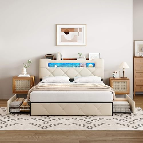 Bett 140x200 mit Stauraum, USB Ladefunktion & LED-Beleuchtung, Beige Boxspringbett aus Samtstoff, Polsterbett mit Lattenrost, Kopfteil & 4 Schubladen, Jugendbett für Schlafzimmer(Ohne Matratze)