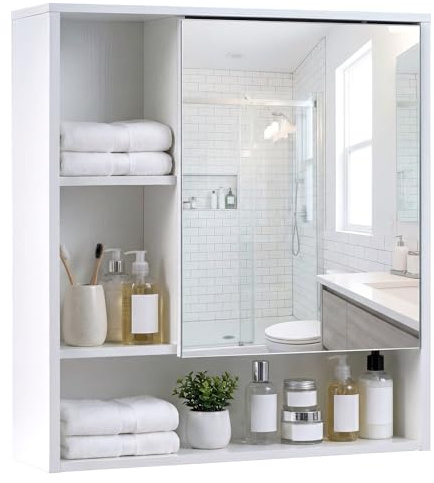 COSTWAY Spiegelschrank, Badezimmerschrank mit Spiegeltür & 3 offenen Regalen, Hängeschrank, Aufbewahrungsschrank, Wandschrank für Waschküche, Badzimmer & Flur, 56 x 16 x 61 cm (Weiß)
