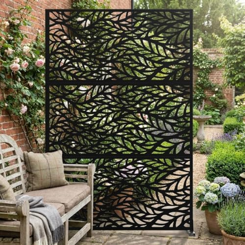 GarveeMore Freestanding Metal Garden Privacy Screen 183x120cm(72x47), Heavy Duty Galvanised Steel Outdoor Room Divider, Decorative Decking Fence Panel & Bin Hide, Nature Leaf - Black
