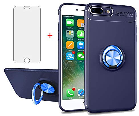 Phone Case for iPhone 7/8 Plus with Tempered Glass Screen Protector Cover Accessories Magnetic Stand Ring Holder Shockproof Silicone iPhone7plus i 7plus 7s 8s i7 i8 8plus Seven Eight Girls Blue