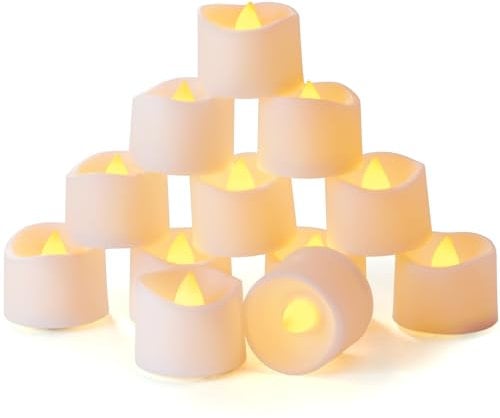 Homemory Set of 12 Bright Warm Yellow Timer Tea Lights, Battery Operated LED Tea Lights with Timer and Flickering Flame, Dia 3.5CM x H 3.1CM