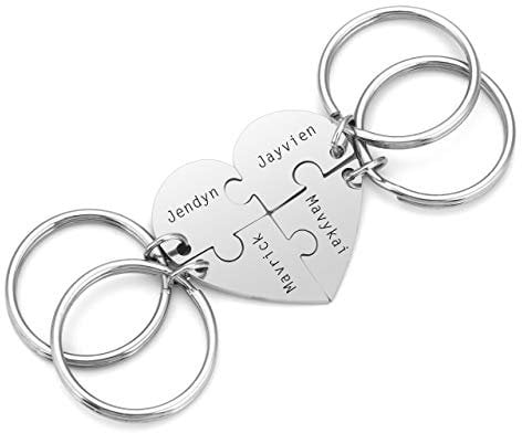PiercingJ 4pcs Personalized Custom Initial Name Heart Puzzle keychain Stainless Steel Matching Family Best Friends BFF Jigsaw Piece Pendant Stitching Key Ring Soul Sister Gift