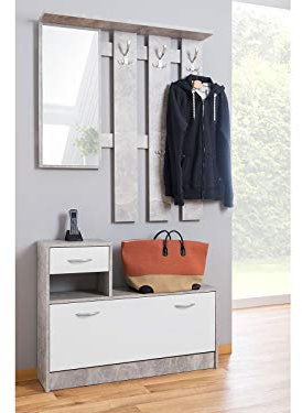 möbelando Garderobe Minigarderobe Garderobenprogramm Kompaktgarderobe Flurmöbel Renton I Strukturbeton/Weiß