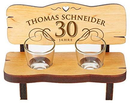 Casa Vivente Schnapsbank aus Erlenholz mit 2 Shotgläsern mit Gravur zum 30. Geburtstag Personalisiert mit Name, Dekoratives Schnapsbankerl als Geschenkidee, Geburtstagsgeschenke für Männer und Frauen