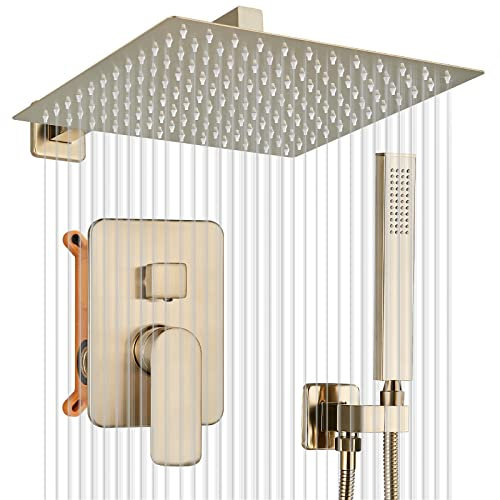 JUNSOTTOR Shower Set Concealed Shower Rough in Valve Body Wall Mounted Shower Mixer Taps Rain Shower Mixer Combo Set with 16 Inch Rainfall Ultra Thin Shower Head Handheld Spray Bathroom Luxury Gold