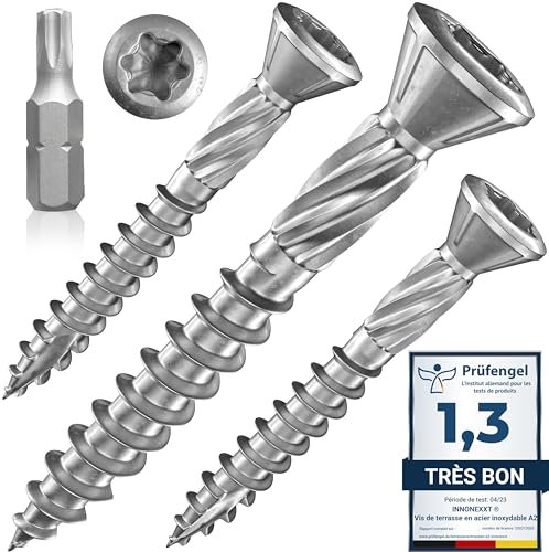 INNONEXXT Haut de gamme Vis pour terrasse en acier inoxydable avec embout | A2-5,0 x 40 mm 200 pièces TX25 | Dentelle coupée | Vis à bois, inox, torx Nervures de fraisage |