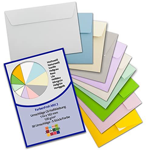 50 Briefumschläge - Farbenmix-Paket 2 - DIN C6-114 x 162 mm - Kuverts mit Haftklebung ohne Fenster für Gruß-Karten & Einladungen - Serie FarbenFroh