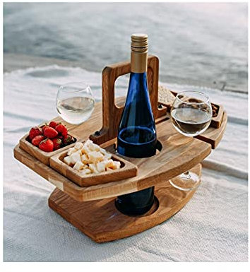 QUNLING Klappbar Weintisch Camping Picknick Weintisch im Freien, Außenbereich-Holzklappbarer Schreibtisch für Außenbereich Garten Strand Party,Tragbarer Runder Weinglashalter