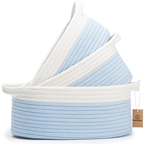NaturalCozy 3-teiliges ovales Aufbewahrungskorb Set,Naturseil gewebte Körbe zur Aufbewahrung, Geschenkkorb leer, Spielzeugkorb, Katze Hundespielzeugkörbe, kleiner Korb (Off White & Blau)