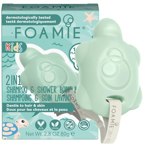 Foamie Kinder-Shampoo und feste Seife 2-in-1 in Schildkrötenform mit sanfter Aloe Vera und Mandelöl für die Haut – 100% vegan und plastikfrei, 80 g