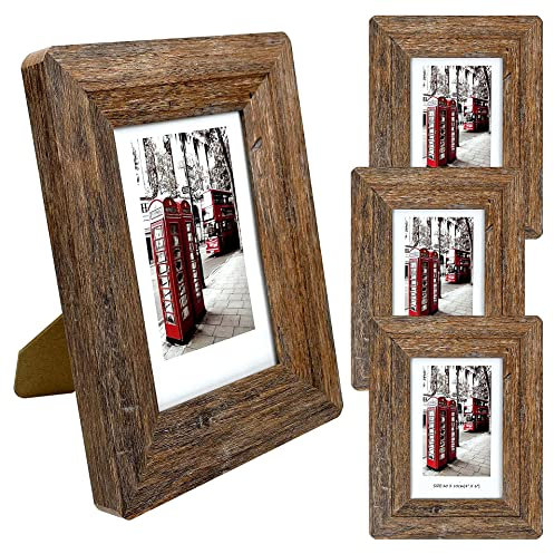 Bilderrahmen-Set, 4 x 15 cm, Holz-Bilderrahmen, echtes gehärtetes Glas und Verbundholz, rustikale abgerundete Ecken, Foto-Display für Tisch-Wandhalterung (braun)