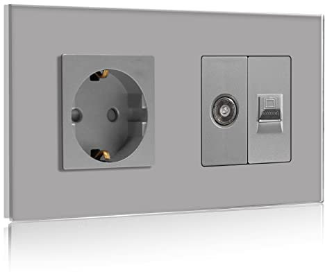 BSEED Schuko Steckdose mit 1/2 TV-Antenne Koaxial- und RJ45-Cat5e-Ethernet KristallGlas Platte Steckdose Glas Unterputz Steckdose 16A Steckdose Verlängerungssteckdosen Wandsteckdose Grau 157mm