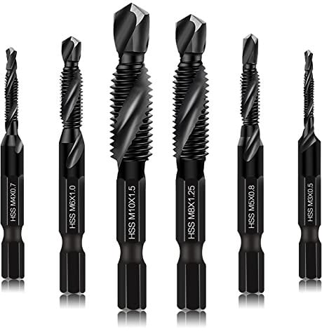 Set di 6 confezioni di punte per trapano combinato e rubinetti, maschiatura a vite in formato SAE M3* 0.5 M4* 0.7 M5* 0.8 M6* 1.0 M8* 1.25 M10* 1.5 con rivestimento nero antiruggine