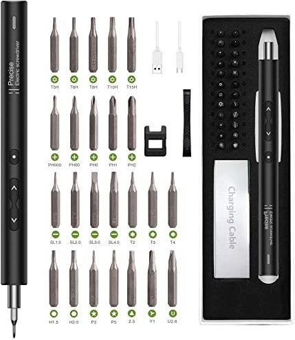 KeeKit Cacciavite elettrico di precisione, kit di strumenti di riparazione ricaricabile con ricarica USB, cacciavite portatile 28 in 1 con 24 bit, 3 luci LED per telefoni, fotocamera, laptop, nero