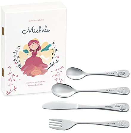 Maverton Set de couverts personnalisé dans boîte en bois imprimée - Thème Animal - Cadeau d'anniversaire personnalisé - Pour filles - Cadeaux bébé - Coutellerie gravée - PRINCESSE