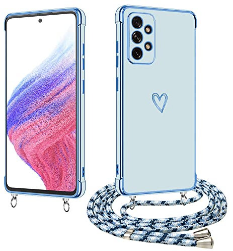 E-Lush Coque pour Samsung Galaxy A53 5G avec Collier, Coque pour Samsung A53 5G Silicone avec Motif Coeur d'amour Mignon Étui Housse Antichoc avec Cordon Tour de Cou Lanière Réglable Case Cover Bleu