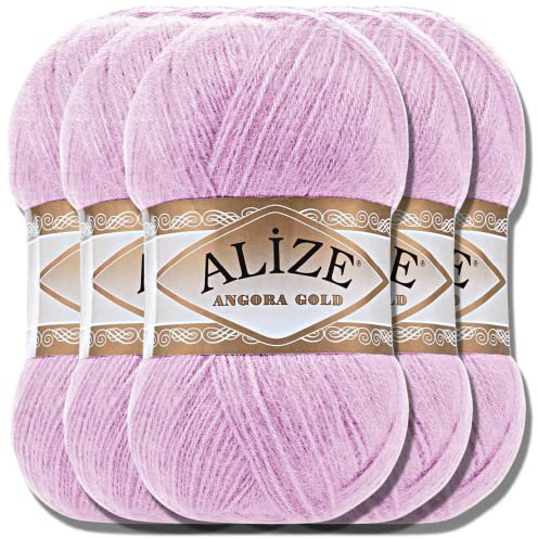 Hobby YARN Alize 5x 100g Angora Gold Türkische Premium Wolle Dünne Mohair aus Schurwolle Babywolle als Strickgarn Handstrickgarn Einfarbig Uni Yarn (Lilac | 27)