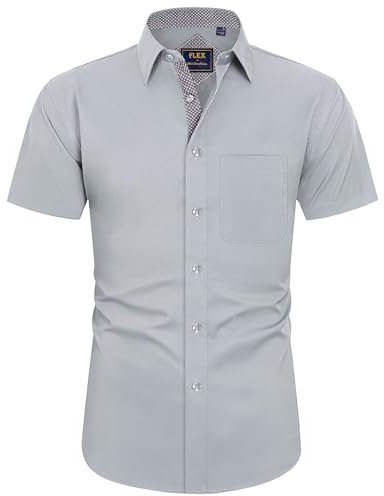 J.VER Men's Short Sleeve Dress Shirt Regular Fit Business Casual Work Office Stretch Non Iron Formal Shirt Button Down Wedding Light Grey 2XL