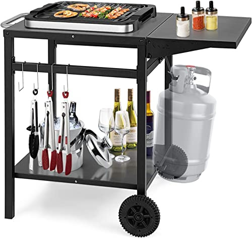 COSTWAY Grilltisch mit klappbarer Tischplatte, Beweglicher Campingtisch mit 2 Ablagen & 4 Haken, Metall Grillwagen für Außenbereich, Rollwagen zum Grillen & Outdoorküche, Zubereitungswagen Schwarz