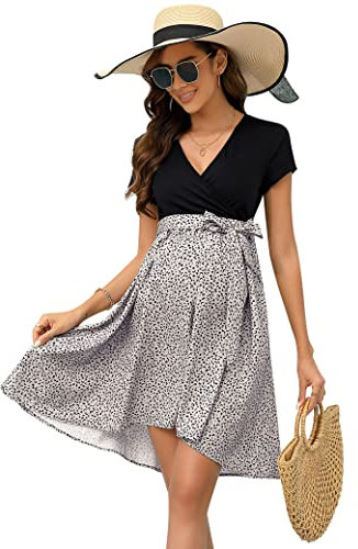 KOJOOIN Damen Umstandskleid V Ausschnitt Stillkleid Knielang Hohe Taille Schwangerschaftskleid mit Kurzarm Brauner Leopard L