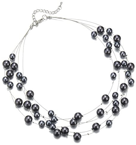 FULU AUTUMN Boho Perlenkette Damen Silber Statement Kette Mehrreihige Modeschmuck Geburtstagsgeschenk für Frauen(Dark grey)