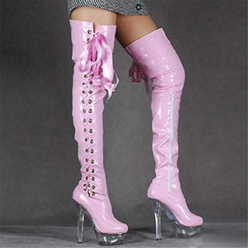 fikujap Femme Cuissardes 15 cm Sexy élégant Stretch Cuissardes Brevets Bottes en Cuir sur Discoteca Bar Delgadas Bottes à Talon Haut Bottes Pole Dance,Rose,43