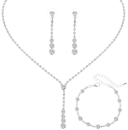Yolev Hochzeitsschmuck Braut Silber Strass Halskette Armband Ohrringe Kristall Brautschmuck Set Elegante Strass Choker Halskette Hochzeit Modeschmuck für Damen und Mädchen (Silber)