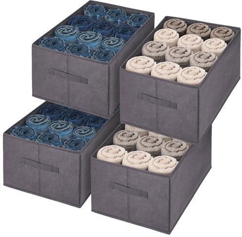 wsryx 4 Pack Large Wardrobe Storage Organiser Boxes for Clothes Jeans Underwear 12 Cell Foldable Drawer Dividers Organiser for Cupboard Closet Shelf (Dark grey)