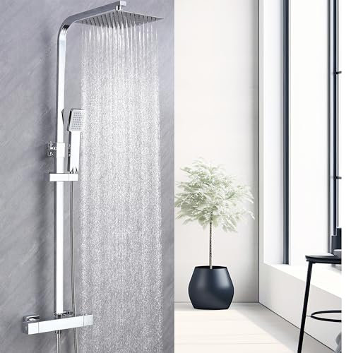 Aica Sanitarios Columna de Ducha Termostática Plata Brillante con Barra Ajustable y Rociador Superior Acero Inoxidable Diseño Sencillo para Baño
