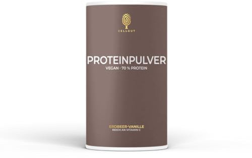 Polvo de proteína de vainilla de fresa • 70% de proteínas • 3 fuentes de proteínas vegetales • contiene bacterias intestinales saludables • vegano y sin gluten • sin soja