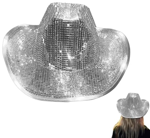 Vuggdt Discokugel-Cowboyhut, silberfarbener Cowboyhut für Damen, verspiegelte Discokugel-Paillettenkappen, neonfarbene glitzernde Cowgirl-Hüte, Glitzer-Cowboyhüte für Par , Tanz, Bar, Urlaub, Reisen