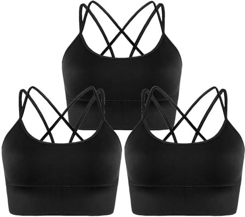 Memoryee Sport BH Damen Große Brüste Push Up Ohne Bügel Kreuz Rücken Rückenfrei Gepolstert Mittlere Unterstützung Crop Top für Yoga Tanz Laufen Radfahren Schwarz*3 XXL