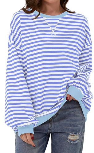 DUOEASE Langarmshirt Damen Streifen Oberteile Herbst Rundhals Pullover Y2K Sweatshirt(Blau,S)