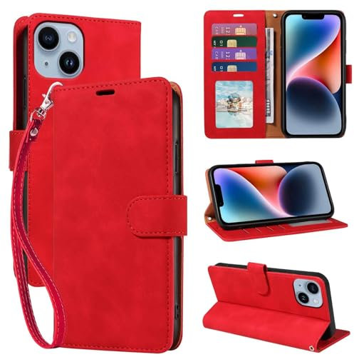 GOTOURED for iPhone 14 Wallet Case, [RFID Blocking 4 Card Slots] [Wrist Strap] [Kickstand] [Magnetic Closure] Shockproof Protective Soft Leather for iPhone 14 Cover Flip Cases 6.1 inch (Red)