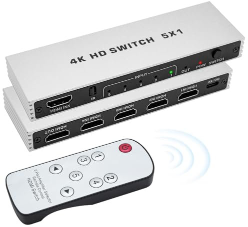 E-SHIDAI HDMI Switch 5 in 1 Out, 4K@60Hz HDMI Splitter with Remote, Support 4K 3D HDR, Compatible with Laptops, PC, Xbox Series, PS5 / PS4