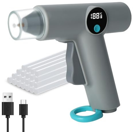 Aedcbaide Pistola per colla a caldo con 22 bastoncini di colla a caldo (7 mm), 2500 mAh, senza fili, spegnimento automatico, visualizzazione digitale della temperatura e luce LED (grigio)