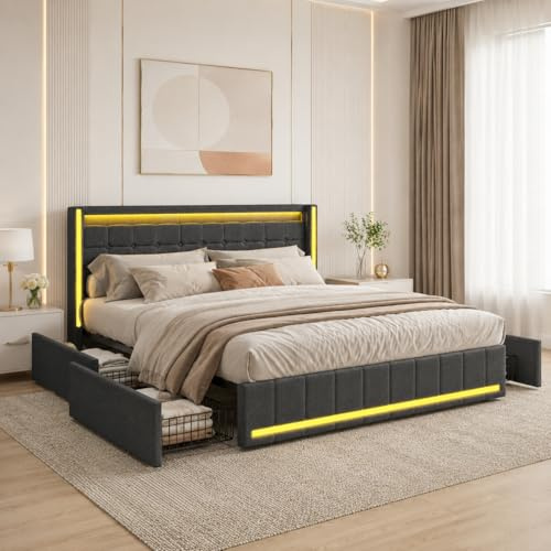 DAHUEN Polsterbett 140x200cm mit Stauraum, LED Doppelbett mit 4 Schubladen und Lattenrost, Jugendbett mit LED und USB-Ladefunktion, Stauraumbett Bettgestell