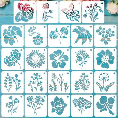 YUXIANLB 24 Pcs Flower Stencils for Painting Reusable Floral Templates with Rose Peony Patterns for DIY Wall Art Wood Decor Fabric Painting Furniture Makeover Garden Canvas Projects Wall