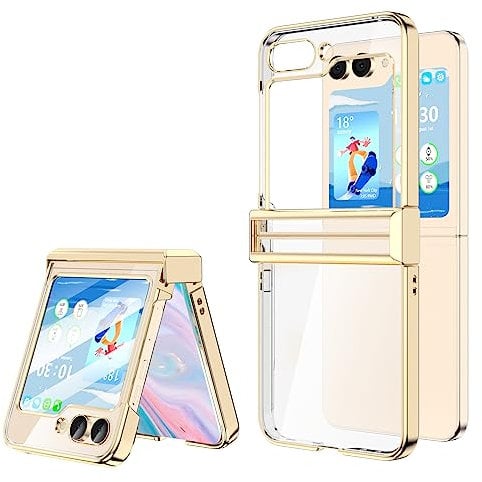 Compatible with Samsung Galaxy Z Flip 5 Case with Hinge Protection,Ultra Slim Crystal Case Clear Plating Protective Cover for Z Flip 5 (Gold)