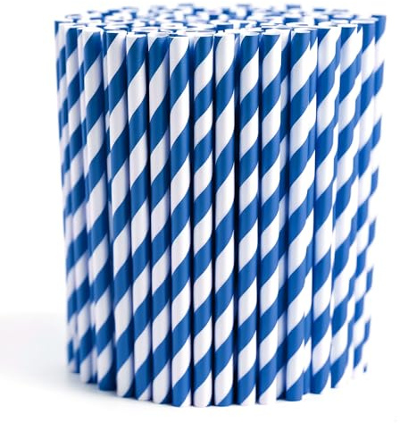 Event Décor Shop Striped Paper Drinking Straw - 19.5cm, Blue & White, 25pcs | Durable, Non-Soggy, Food-Safe for Long-Lasting Use, Ideal for Juice, Coffee, Party & Events