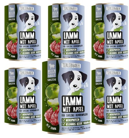 Hundefutter Nass 400g Lamm & Apfel – Hunde Nassfutter 6x400g Wet Dog Food | Tierärztlich entwickeltes Nassfutter für Hunde mit 91% Fleischanteil – Dog Food leicht verdaulich von TIERLIEBHABER