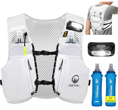 ONETOALL Gilet d'Hydratation Réfléchissant avec 2 Bouteilles 500ml - Sac à Dos de Course pour Homme Femme - Veste Running pour Marathon, Trail, Jogging