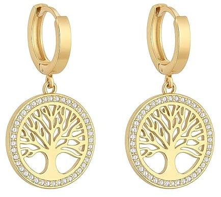 Ma Bijouterie Naturelle Boucles d’Oreilles Arbre de Vie Acier Inoxydable Doré | Bijou Symbolique | Zircons Étincelants | Porte bonheur | Création Artisanale Française | Diamètre 1,5 cm